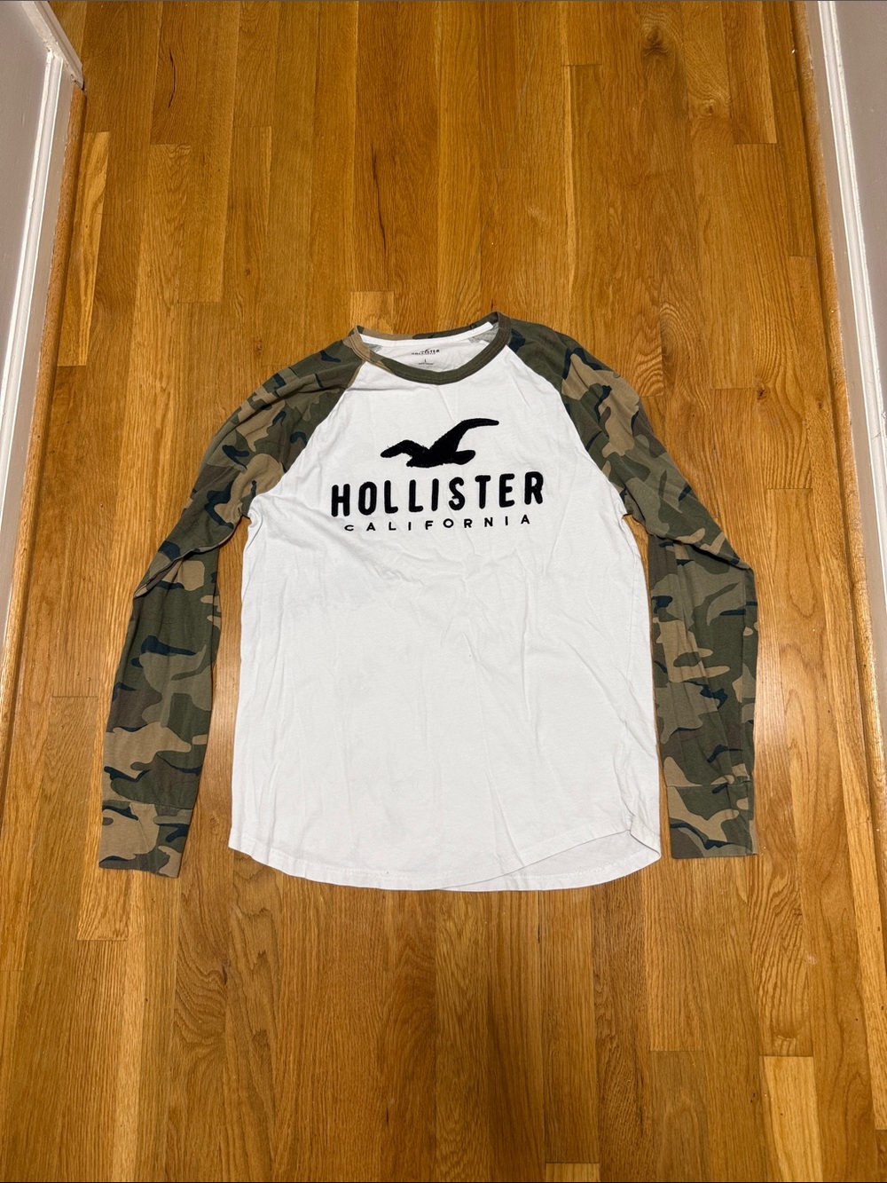Hollister White Raglan Long Sleeve with Camo Sleeves